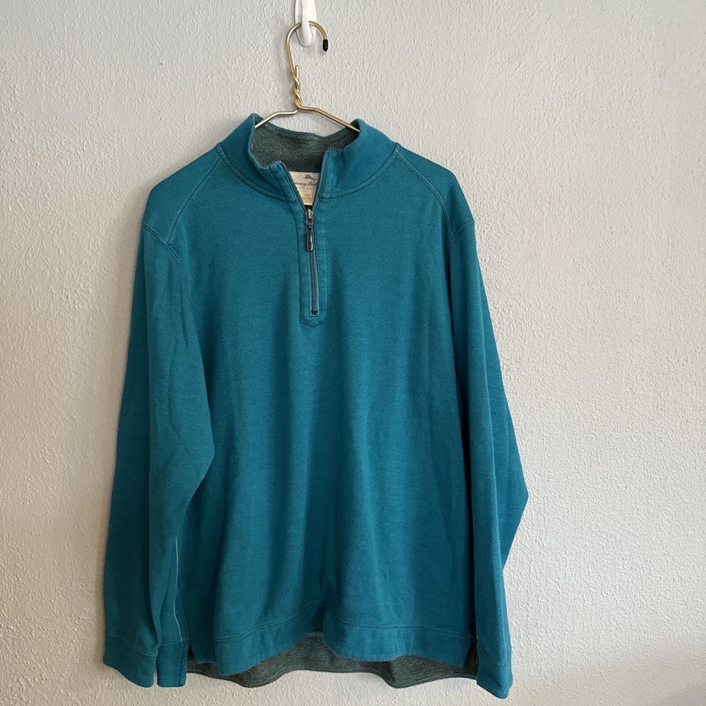 Tommy Bahama L Sweater Aqua Blue Reversible 1/4 Zip Up Zipper Cotton Blend Mens